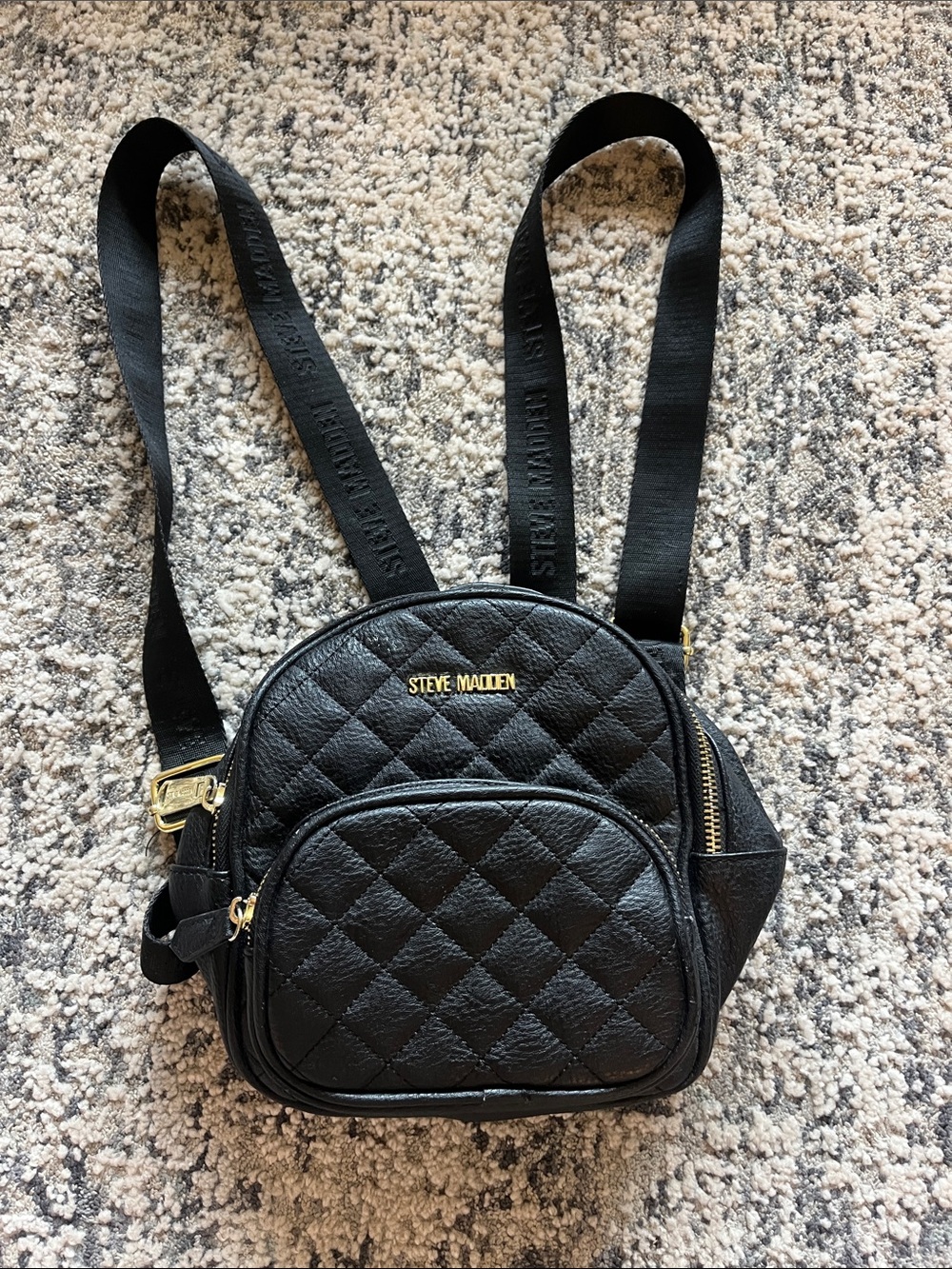 Steve Madden Black Quilted Mini Backpack with Gold Hardware